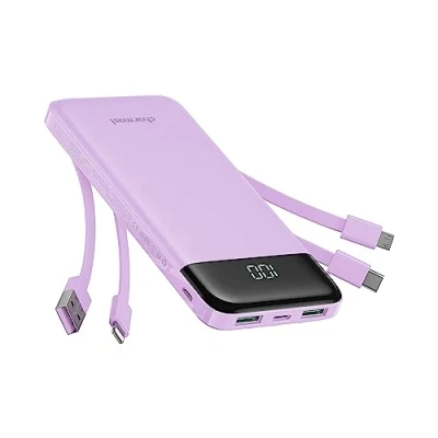 Abbildung von Charmast Externer Akku, 10.000 mAh, mit 4 integrierten Kabeln, tragbarer USB C, dünn, Power Bank 6 Ausgängen und 3 Eingängen, für iPhone 12, 13, 11, Samsung S21, S22, Violett