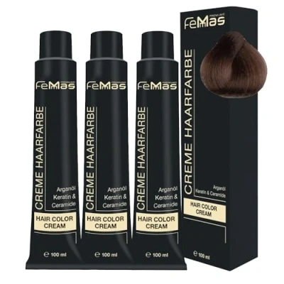 Abbildung von FemMas Haarfarbe 3x Hellblond Intensiv 8.0 I Professionelle Creme mit Arganöl, Keratin &amp; Ceramiden Als dauerhafte Haarfärbung oder Tönung für strahlende, haltbare Farbergebnisse 100 ml