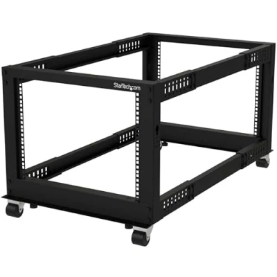Abbildung von StarTech.com 4 Pfosten 8 HE Mobiles Open Frame Serverrack, 19 Zoll Netzwerk Rack mit Rädern, kleines für Computer/AV/Daten/IT Geräte Rollen, Nivellierfüße oder Bodenmontage (4POSTRACK8U)