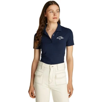 Abbildung von Tommy Hilfiger SLIM Script Graphic POLO Poloshirt, Damen, Größe: Large, Dark night navy