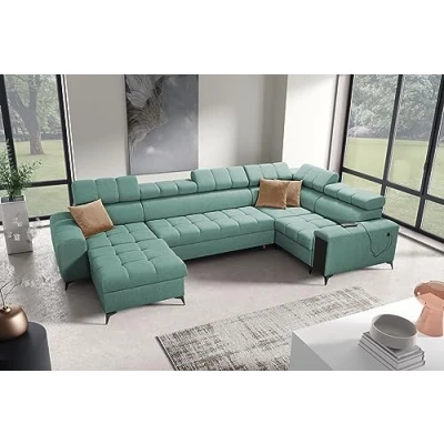 Abbildung von All4All Ecksofa mit Schlaffunktion Gonti IV Mini 337x201 cm Schlafsofa Bettkasten Sofa in U Form Wohnlandschaft XXL Eckcouch Groß Seite Links Mintfarbe Gewebe Modern 26