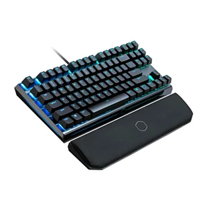 Abbildung von Cooler Master MasterKeys MK730 Mechanische kompakte RGB Gaming Tastatur ohne Nummernblock, Gehäuse aus gebürstetem Aluminium, abnehmbare Handballenauflage, deutsches Layout, Cherry MX Blue