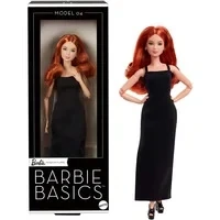 Abbildung von Barbie Basics Model 04 mit rotem lockigen Haar, schwarzem Kleid und Plateauschuhen, Puppe