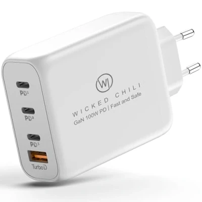 Abbildung von Wicked Chili 100W USB C GaN II Ladegerät 4 Port Fast Charger PD Netzteil mit PPS kompatibel MacBook Pro, iPhone 16, 15, 14, 13 Pro Max Mini &amp; iPad (3X / 1x A, Weiss)