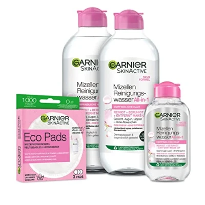 Abbildung von Garnier Gesichtsreinigungsset mit Mizellenwasser, Mini Mizellenwasser und Eco Pads, Für eine sanfte Reinigung schonendes Abschminken, SkinActive, 4 teilig