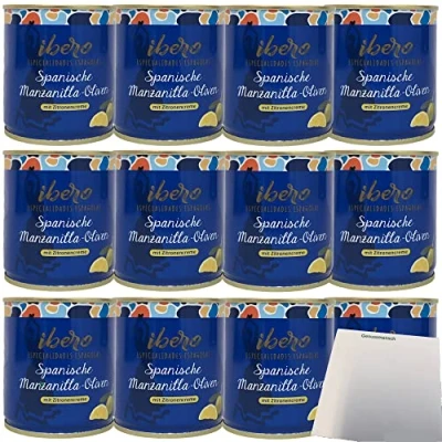Abbildung von Ibero Spanische Manzanilla Oliven mit Zitronencreme 12er Pack (12x200g Dose) + usy Block