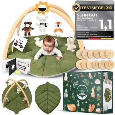 Abbildung von Spielbogen Baby Premium Spieldecke mit Bogen blattförmig 6 sensorischen Spielzeugen inkl. Meilensteinkarten Spielmatte Baby, Krabbelmatte, extra dicke Krabbeldecke