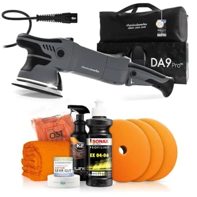 Abbildung von Poliermaschinen Set: chemicalworkz DA9 Pro Max Exzenter Poliermaschine + Sonax One Step Politur Royal Pads Polierpads Zubehör Auto Lack Politur, Kratzer entfernen, Aufbereitung 8 teilig
