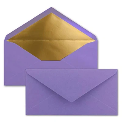 Abbildung von 15 Brief Umschläge DIN Lang Violett mit Gold Metallic Innen Futter 110 x 220 mm Nassklebung festliche Kuverts für Einladungen
