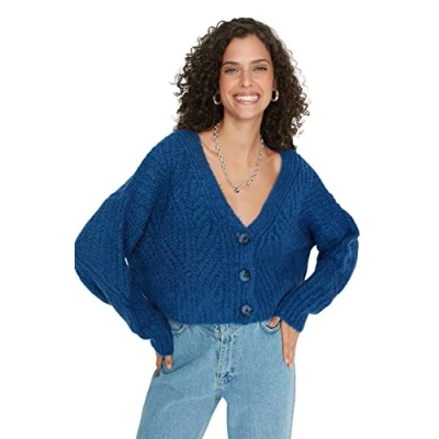 Abbildung von Trendyol Damen Strickjacke, Normale Passform, V Ausschnitt, Strickwaren Pullover, Indigo, L