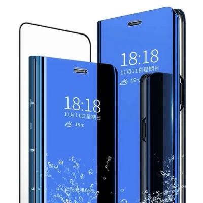 Abbildung von MLOTECH Schutzhülle für Samsung A50, Flip Clear View Transparent Spiegel Cover + Hartglas Displayschutzfolie 360 Standing Stoßfest Smart Bumper Himmelblau