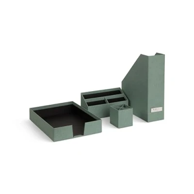 Abbildung von Bigso Box of Sweden HUGO 4 teiliges Schreibtisch Set mit 1 Stehsammler, Stifthalter, Sortierkasten und ohne Deckel Ordnungssystem aus Faserplatte Papier in Leinenoptik mintgrün