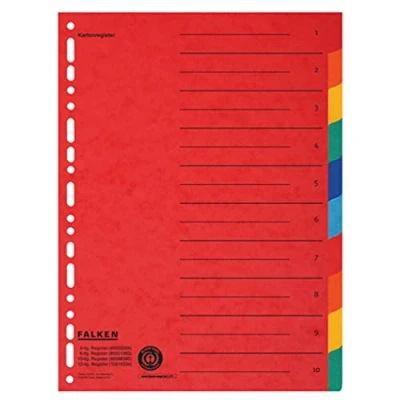 Abbildung von Original Falken Karton Register überbreit für DIN A4+ 24,5 x 30 cm volle Höhe mit Organisationsdruck 10 teilig vollfarbig 2 5 Farben zur Ablage von Prospekthüllen