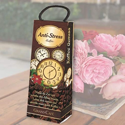 Abbildung von Kaffeebox Anti Stress als Geschenk für Kaffeeliebhaber und Kaffeegenießer. Geschenkidee mit Kaffee Geburtstagsgeschenk die Kaffeetasse