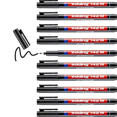 Abbildung von edding 142 M Permanenter Folienschreiber schwarz 10 Stifte Rundspitze 1 mm Stift zum Schreiben auf Glas, Kunststoff, Folien und glatten Oberflächen schnelltrocknend, wisch wasserfest