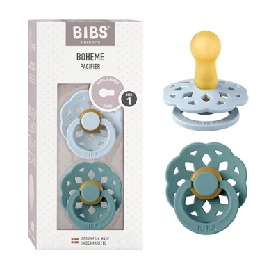 Abbildung von BIBS Boheme Schnuller 2er Pack. BPA frei, Kirschform Nippel. Naturkautschuk/Latex, Hergestellt in Dänemark. Größe 1 (0 6 Monate), Baby Blue/Island Sea