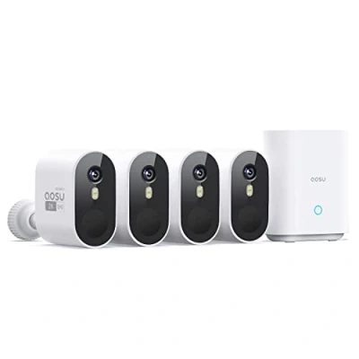 Abbildung von AOSU 2K Überwachungskamera Aussen Akku 240 Tage 4 Kit mit Home Station 32 GB Lokaler Speicher ohne Abo Kabellose Kamera Überwachug Bewegungssensor Licht &amp; Tonalarm 2 Wege Audio Farb Nachtsicht