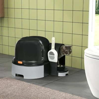 Abbildung von PawHut Katzentoilette Katzenhaus, Katzenklo inklusive Schaufel, Herausziehbarer Bodenwannen, für Katzen bis 4 kg, Grau, 52 x 60 42 cm