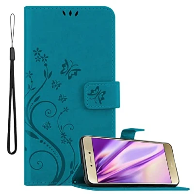 Abbildung von Cadorabo Hülle kompatibel mit Huawei P8 LITE 2017 / P9 Blumen Design aus Kunst Leder Klappbare Magnetische [Kartenfächern] Cover für Tasche in Blau