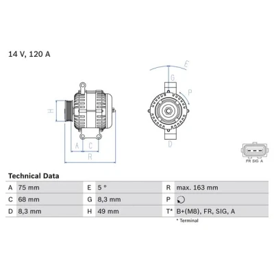 Abbildung von BOSCH 0 986 049 670 Lichtmaschine 14V 120A FORD: Focus 2 Kombi, C Max, Schrägheck, VOLVO: V50, S40 II