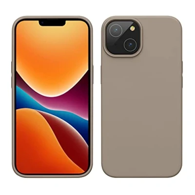 Abbildung von kwmobile Hülle für das iPhone 14 dünnes Silikon Handy Case stoßfeste Handyhülle mit weicher Oberfläche unterstützt kabelloses Laden Taupe