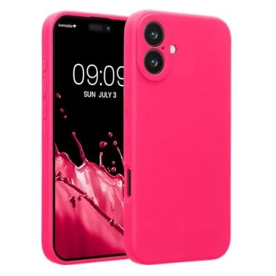 Abbildung von kwmobile Handyhülle kompatibel mit Apple iPhone 16 Plus Hülle gummierte Handy Case aus Silikon in Neon Pink