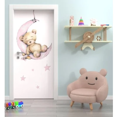 Abbildung von MyMaxxi Tür bekleben mit Türtapete Selbstklebend 90x200 Bär Mond Baby rosa verschönern Türfolie Türaufkleber XXL Türbilder Türposter Mädchen und Junge