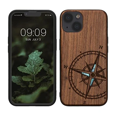 Abbildung von kwmobile Hülle kompatibel mit Apple iPhone 13 Holz Case Handy Cover TPU Handyhülle in Dunkelbraun Vintage Kompass Perlmutt