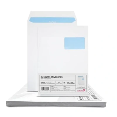 Abbildung von Netuno 50 Versandtaschen DIN C4 weiß 229 x 324 mm 90g großer Briefumschlag a4 mit Fenster rechts gerade Klappe haftklebend Umschläge Großbrief Briefkuverts Briefhüllen Geschäfts