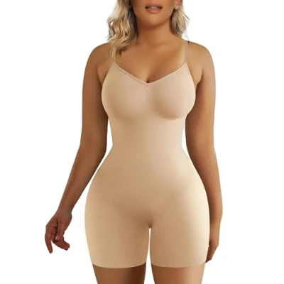 Abbildung von SHAPERX Shapewear für Frauen Bauchweg Bodysuit Mid Thigh Butt Lifter Body Shaper Shorts, Beige, S M