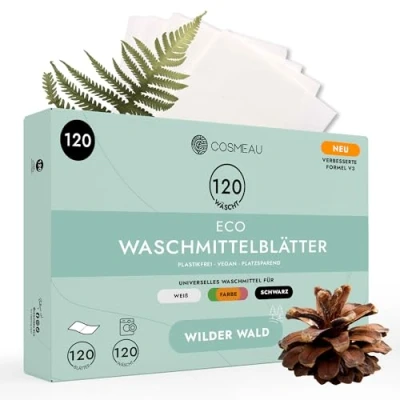 Abbildung von Cosmeau Waschmittel Blätter Wildwald bis zu 120 Waschgänge (120 Blätter) Nachhaltiges für Weiß, Farbe und Schwarz Plastikfrei, Abbaubar &amp; Perfektes Reisewaschmittel