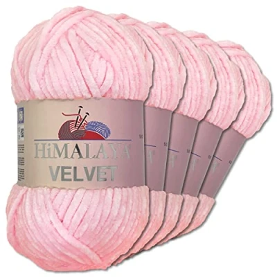 Abbildung von Wohnkult Himalaya 5 x 100 g Velvet Dolphin Wolle 40 Farben zur Auswahl Chenille Strickgarn Glanz Flauschgarn Accessoire Kleidung (90003 Babyrosa)