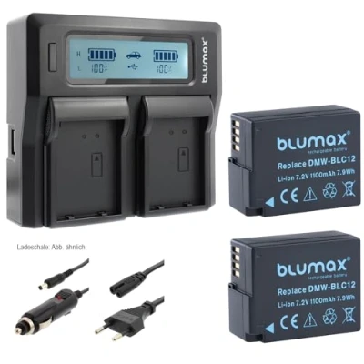 Abbildung von Akku ersetzt Panasonic DMW BLC12 1100mAh + Blumax Doppelladegerät für Dual Charger 2 Akkus gleichzeitig Laden