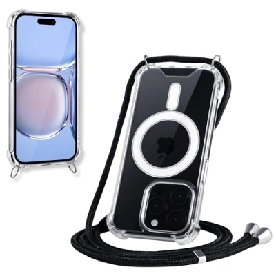 Abbildung von JProtect Magnetische Handykette für iPhone 15 Pro Magsafe Hülle/iPhone Hülle mit Band zum Umhängen Schwarz/Kette Handyhülle Magnet