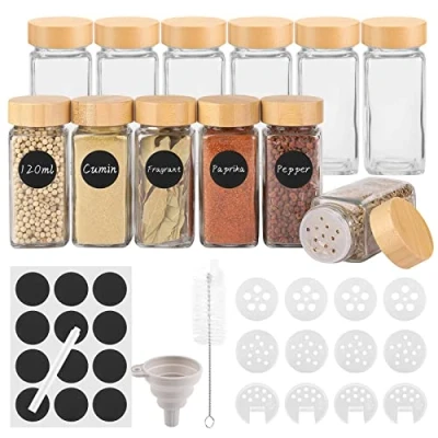 Abbildung von Withosent 12er Set Gewürzgläser Eckig mit Schraubkappe, 120ml Gewürzdosen Holzdeckel, Gewürzstreuer Glas Gewürzbehälter, Gewürze Aufbewahrung Streueinsatz, Etiketten, Trichter, Bürste
