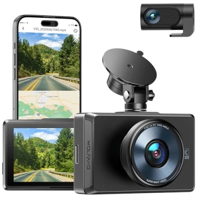 Abbildung von WOLFANG Dashcam Auto Vorne Hinten, 4K/2.5K Dual Dash Cam, GPS WiFi Dashboard Recorder, 3&quot; IPS Bildschirm, Nachtsicht Loop Aufnahme 170 Weitwinkel WDR, unterstützt 256 GB Max