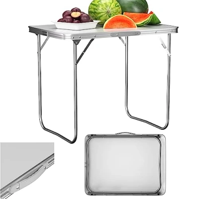 Abbildung von Aluminium Klapptisch, Campingtisch, tragbarer Klapptisch mit Griff, Picknicktisch, verstellbar, leicht, faltbar, für Spielparty, Garten, Bock, Innen und Außenbereich, 80 x 60 69 cm, Weiß