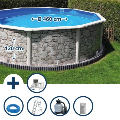 Abbildung von Stahlwandpool Set rund 460x120cm. Stahl 0.45mm Steinoptik. Folie 0.3mm blau