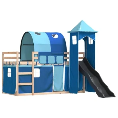 Abbildung von vidaXL Etagenbett, Stockbett mit Rutsche Gardinen, Kinderbett Rausfallschutz Lattenrost, Spielbett Bett ohne Matratze, Blau 90x200cm