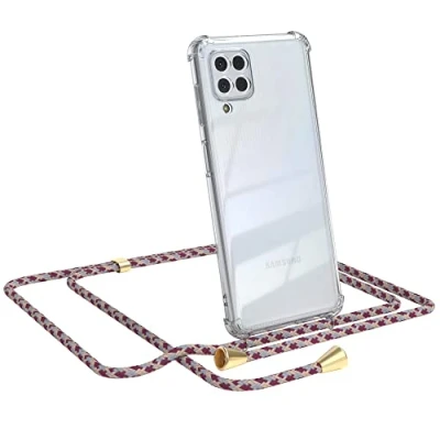 Abbildung von EAZY CASE Handykette kompatibel mit Samsung Galaxy M22 / M32 A22 4G Handyhülle Umhängeband, Handykordel Schutz, Silikonhülle, Hülle Band, Stylische Kette Hülle, Bordeaux Camouflage