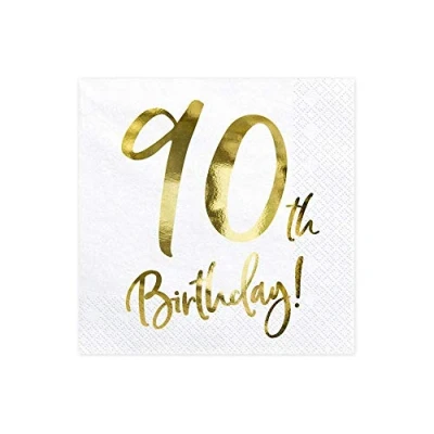 Abbildung von partydeco Papierserviette, Servietten 90.Geburtstag 33x33cm 20 Stück weiß gold