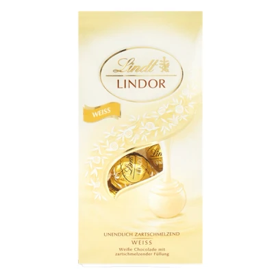 Abbildung von Lindt Schokolade LINDOR Kugeln weiß 137 g Beutel ca. 10 weiße mit zartschmelzender Füllung Pralinen Geschenk Schokoladen