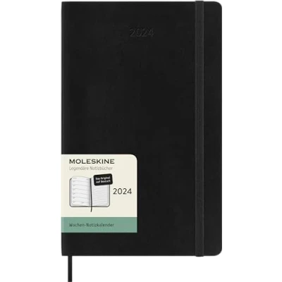 Abbildung von Moleskine Wochenplaner mit Platz für Notizen, 12 Monate 2024, Agenda Large 13x21, Softcover Gummizugverschluss, Farbe Schwarz, Sprache Deutsch