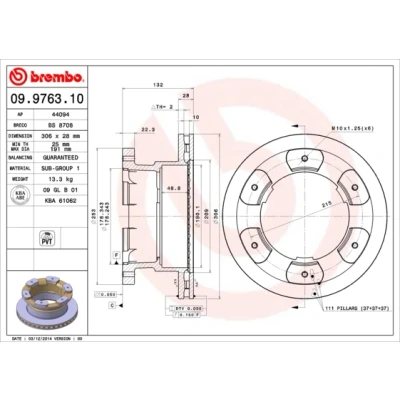 Abbildung von BREMBO 09.9763.10 Bremsscheibe 306 28 6 innenbelüftet IVECO: DAILY Kastenwagen, 4 Kasten/Kombi, Pritsche/Fahrgestell