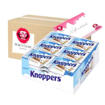 Abbildung von Knoppers Joghurt Waffelschnitten 24er x 25g und Nougatcremefüllung mit Geschenk von Pere&#039;s Candy