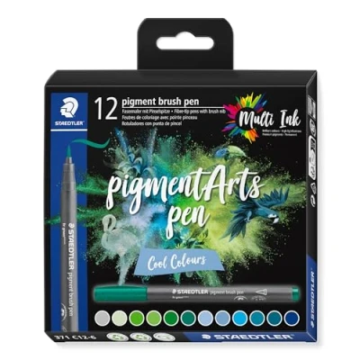 Abbildung von STAEDTLER brush pen pigment Arts, Premium Zeichentusche, Pinselspitze für variable Linienbreite, wasserfest, schnelltrocknend, 12 pens in sortierten Farben im Kartonetui, 371 C12 6