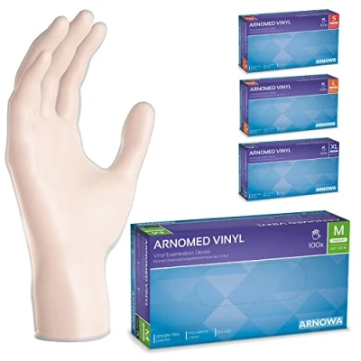 Abbildung von ARNOMED Einweghandschuhe M, Vinyl Handschuhe, Einmalhandschuhe mit 100 Stück/Box, Handschuhe Einweg puderfrei, Gummihandschuhe latexfrei, in S, L, XL