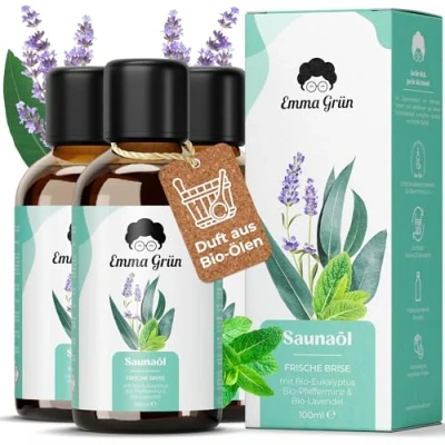 Abbildung von Emma Grün® Saunaaufguss EUKALYPTUS Bio 3x 100ml [BIO &amp; MENTHOL] Sauna Aufgussmittel mit Eukalyptus, Menthol Lavendel Öl Saunaöl Ätherische Öle Saunaduft für Kühle Frische