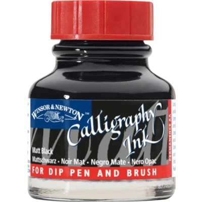 Abbildung von Winsor &amp; Newton 1110030 Kalligraphie Tuschen, opak (für Füllfederhalter oder Schreibfedern, untereinander mischbar, lichtecht) 30 ml Flasche Mattschwarz