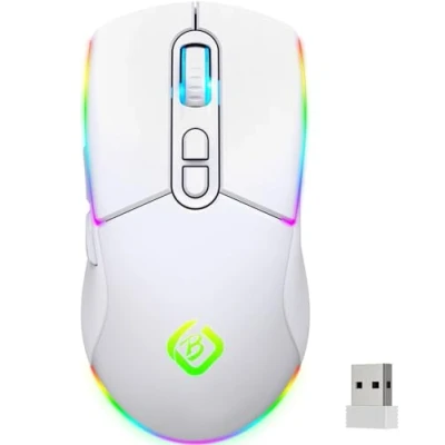 Abbildung von JYCSTE Kabellose Gaming Maus, Dual Mode 2.4GHz/Bluetooth 5.1 Maus Gaming, RGB LED Hintergrundbeleuchtung, Ergonomische mit 6 Tasten, Wiederaufladbare Computer für PC, Mac, Laptop (weiß)